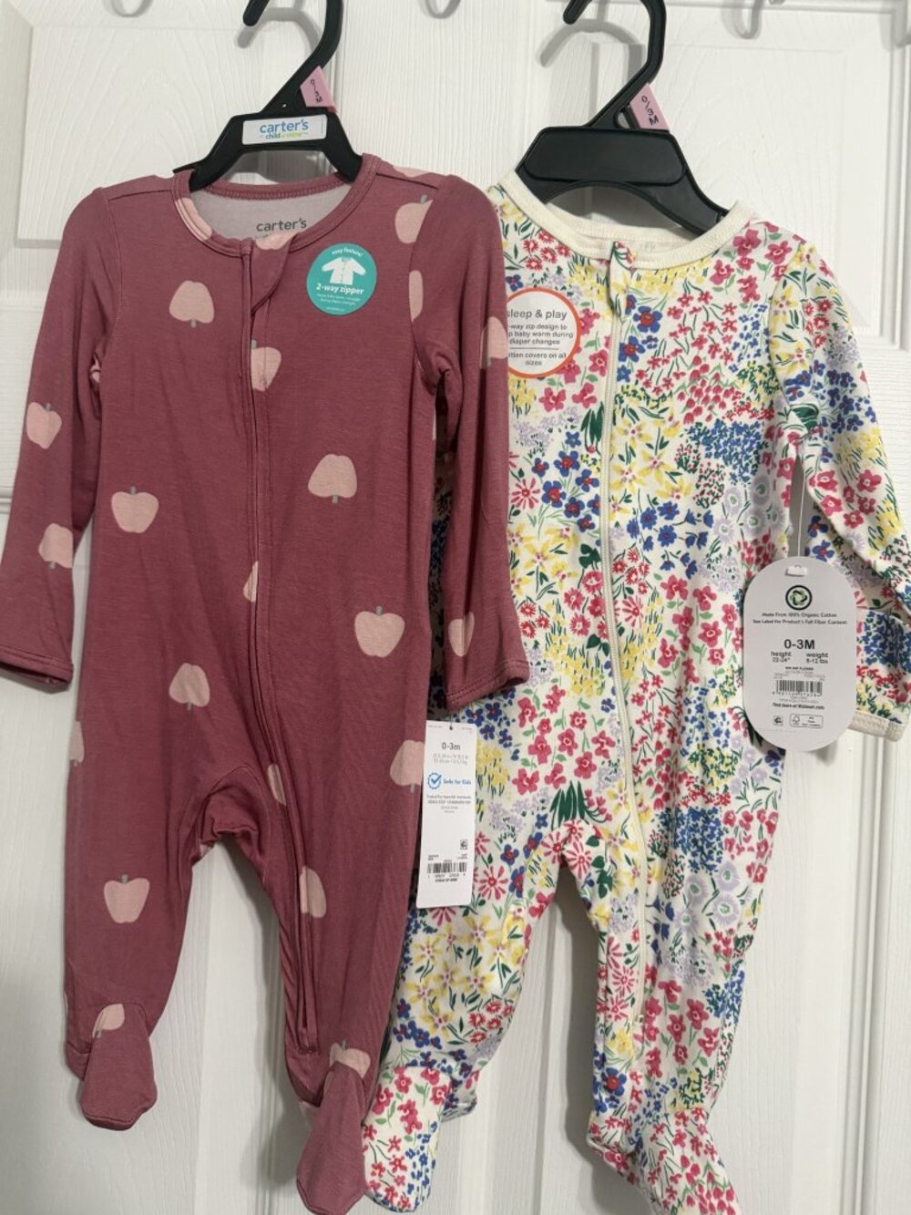 Carters & Wonder Nation Baby 2 Pack Footed Sleepers Apple Floral 0-3M